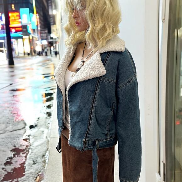 Sherpa Lined Denim Moto Jacket by Vylette Small - Picture 3 of 8